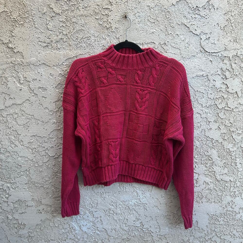 Vintage Casual Corner Patchwork Heart Cable Knit Cropped Sweater Pink XL